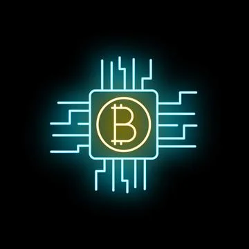 Bitcoin cryptocurrency processing chip neon light icon Stock Illustration