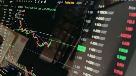 Bitcoin cryptocurrency real time technical graph buy and sell indicator Stock Footage 223348325