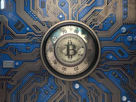 Bitcoin cryptocurrency security  and mining concept. Safe lock with symbol of 스톡 일러스트