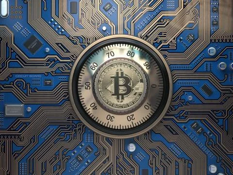 Bitcoin cryptocurrency security and mining concept. Safe lock with symbol ... Stock Photos