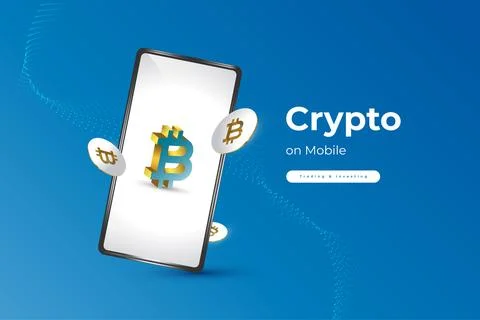 Bitcoin Cryptocurrency with Smartphone on Blue Background Stock Illustration