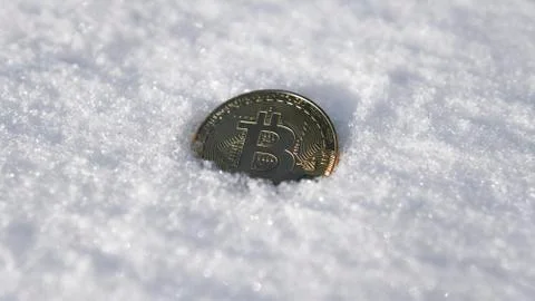Bitcoin. Cryptocurrency on snow, in the background. The concept of freelancing Stock Photos