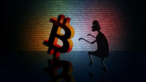Bitcoin cryptocurrency theft concept with silhouette sneaking towards coin Stock-Illustration