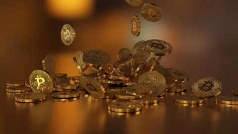 Bitcoin currency, crypto currency, falling on a pile Stock Illustration