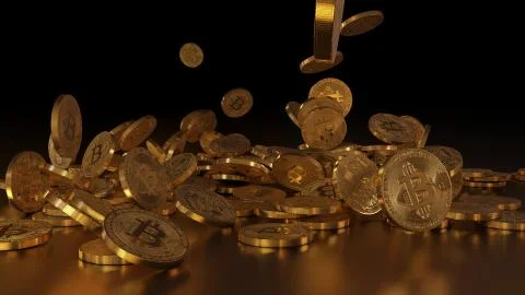 Bitcoin currency, crypto currency, falling on a pile Stock-Illustration