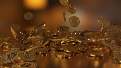 Bitcoin currency, crypto currency, falling on a pile 库存插图