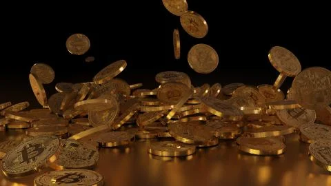Bitcoin currency, crypto currency, falling on a pile 库存插图
