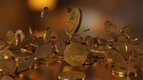 Bitcoin currency, crypto currency, falling on a pile Illustrazione stock