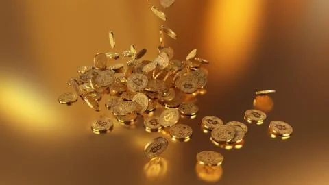 Bitcoin currency, crypto currency, falling on a pile Stock-Illustration
