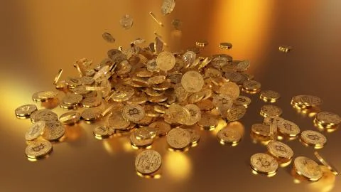 Bitcoin currency, crypto currency, falling on a pile 库存插图