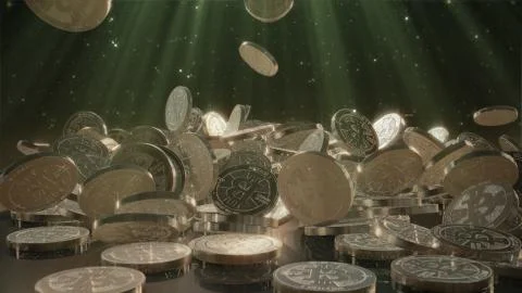 Bitcoin currency, crypto currency, falling on a pile Illustrazione stock