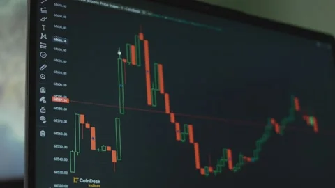 Bitcoin currency graph with candles on computer screen. Cryptocurrency and Stock Footage 272589611