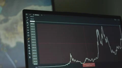 Bitcoin currency graph with lines on computer screen. Using Measure tool for Stock Footage 272592131