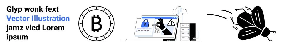 Bitcoin, Cybersecurity, and Bug Problems Concept with Mix of Text Elements .. Stock-Illustration