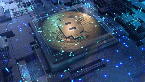 Bitcoin Decentralized digital cryptocurrency. Technology global network Stock Footage 163655620