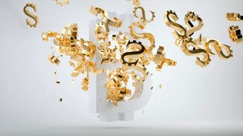 Bitcoin devaluation symbol and shattered golden dollar Illustrazione stock