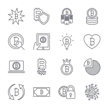 Bitcoin different icons set for internet money crypto currency symbol and coi Illustrazione stock