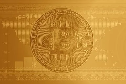 Bitcoin on digital and world map background. Finance Electronic Technology .. Stock Photos