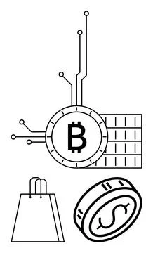 Bitcoin digital circuit on matrix background with dollar coin and shopping ba Stock Illustration