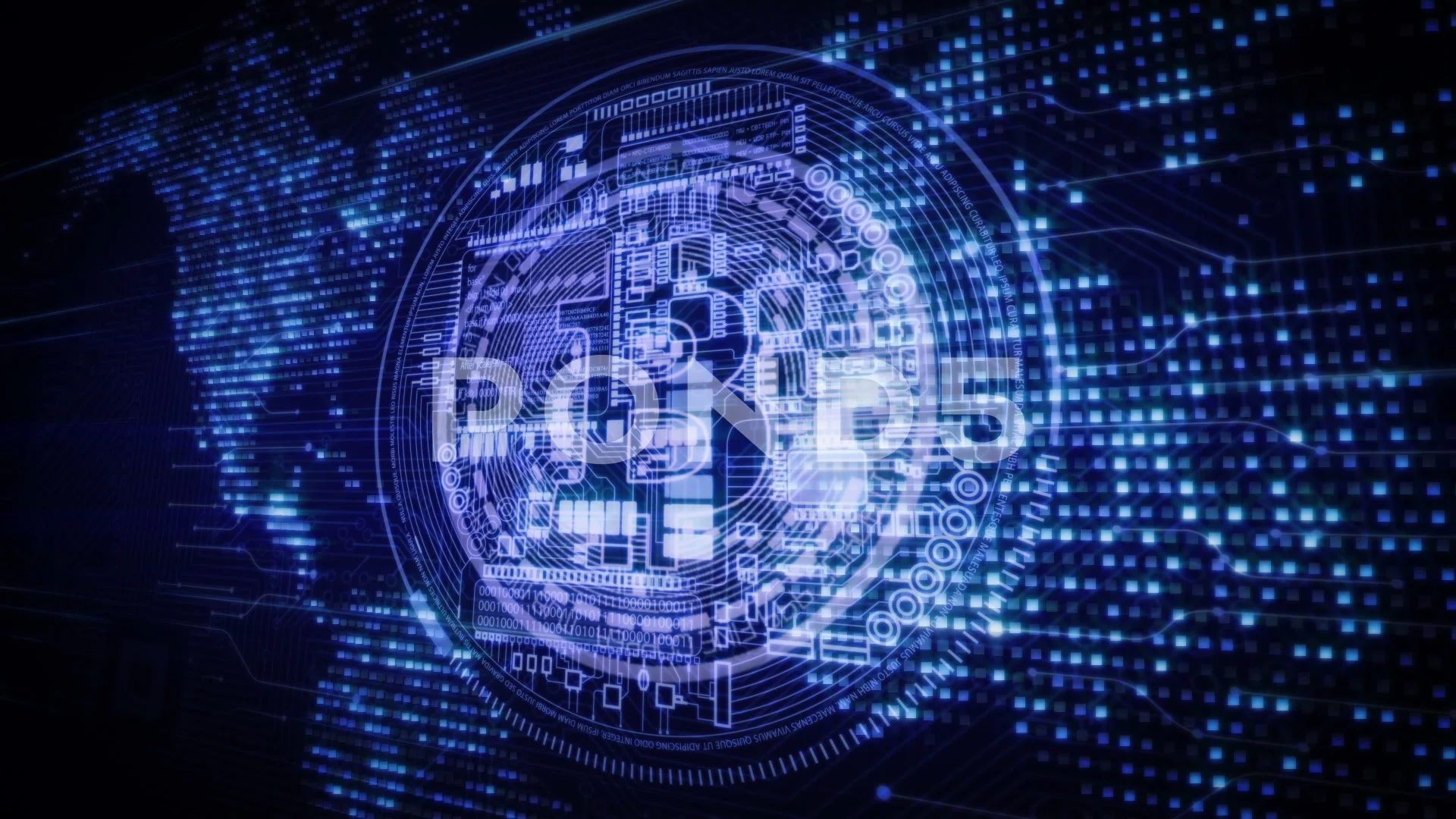 Bitcoin digital cryptocurrency intro.Blue color.Type3