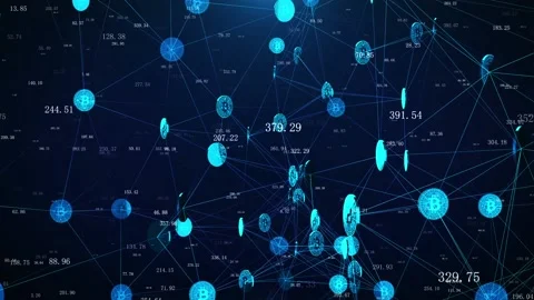 Bitcoin digital currency blockchain network node point line connection Stock Footage 151363756