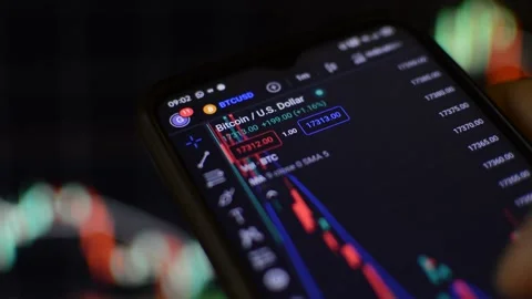 Bitcoin digital currency on the smartphone. crypto bitcoin trading chart. Stock-Footage 224094299