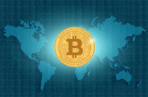 Bitcoin digital currency on world map background. Stock Illustration