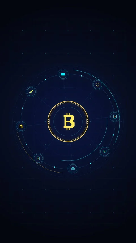 Bitcoin digital HUD animation featuring neon data orbit rings Stock Footage 348325187