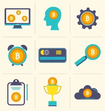 Bitcoin Digital Money, Cryptocurrency System and Mining Pool, Flat Design Icons Illustrazione stock