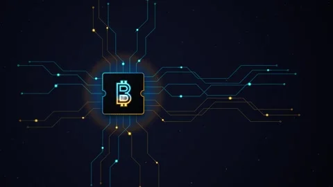 Bitcoin digital processor glowing on dark circuit board with neon animated .. Stock Footage 348712805