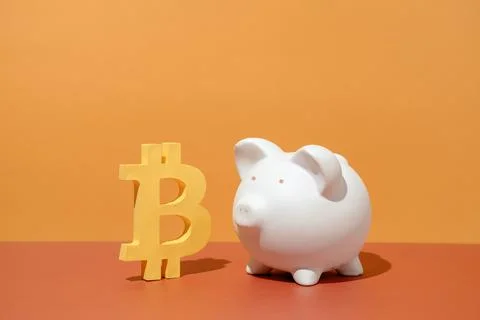Bitcoin digital virtual mining money and piggy bank. Minimal creative concept Stock Photos