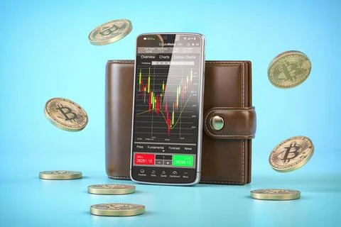 Bitcoin digital wallet. Mobile phon , crypto caurrency bitcoin  and wallet .. Illustrazione stock