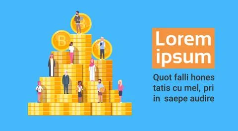 Bitcoin Digital Web Money Concept People Standing At Coins Stack Modern Crypto Illustrazione stock