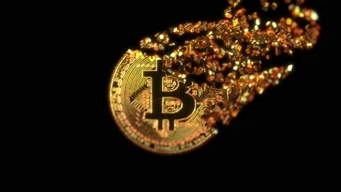 Bitcoin disintegrates into smaller pieces on black and blue background. Stock Footage
