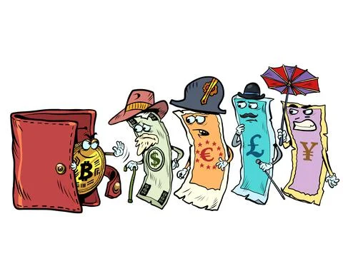 Bitcoin does not allow cash in the wallet the currency of different countries Stock Illustration