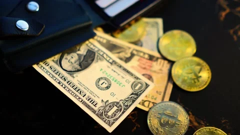 Bitcoin with dollars bills in wallet. Digital crypto coin. Investments, investor Видео 329410815