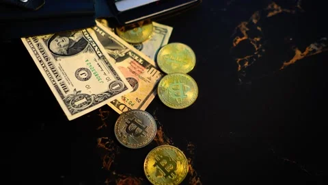 Bitcoin with dollars bills in wallet. Digital crypto coin. Investments, investor 스톡 동영상 329410819