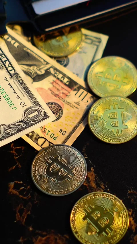 Bitcoin with dollars bills in wallet. Digital crypto coin. Investments, investor Vídeos de archivo 329410865