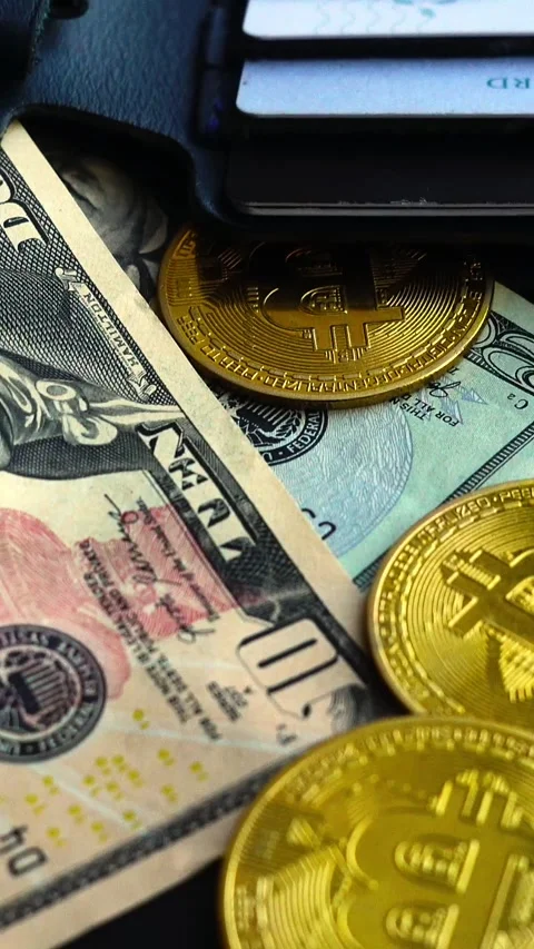 Bitcoin with dollars bills in wallet. Digital crypto coin. Investments, investor Видео 329410878