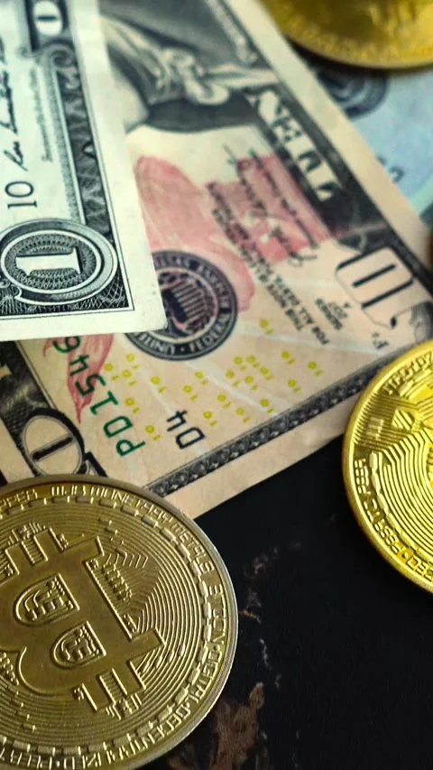 Bitcoin with dollars bills in wallet. Digital crypto coin. Investments, investor Vídeo Stock 329410882