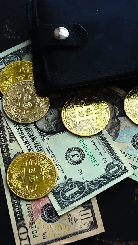 Bitcoin with dollars bills in wallet. Digital crypto coin. Investments, investor Vídeo Stock 329410886