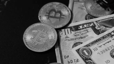 Bitcoin with dollars bills in wallet. Digital crypto coin. Investments, investor Видео 329580770