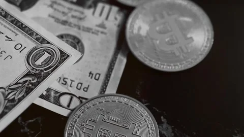 Bitcoin with dollars bills in wallet. Digital crypto coin. Investments, investor Vídeos de archivo 329580787