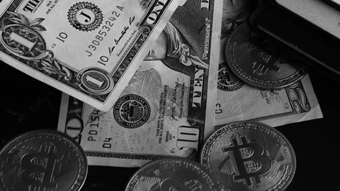Bitcoin with dollars bills in wallet. Digital crypto coin. Investments, investor Видео 329580815