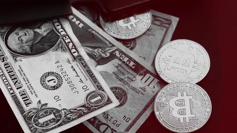Bitcoin with dollars bills in wallet. Digital crypto coin. Investments, investor 库存影片 329580827