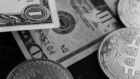 Bitcoin with dollars bills in wallet. Digital crypto coin. Investments, investor Видео 329580831