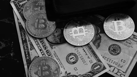 Bitcoin with dollars bills in wallet. Digital crypto coin. Investments, investor Vídeos de archivo 329580844