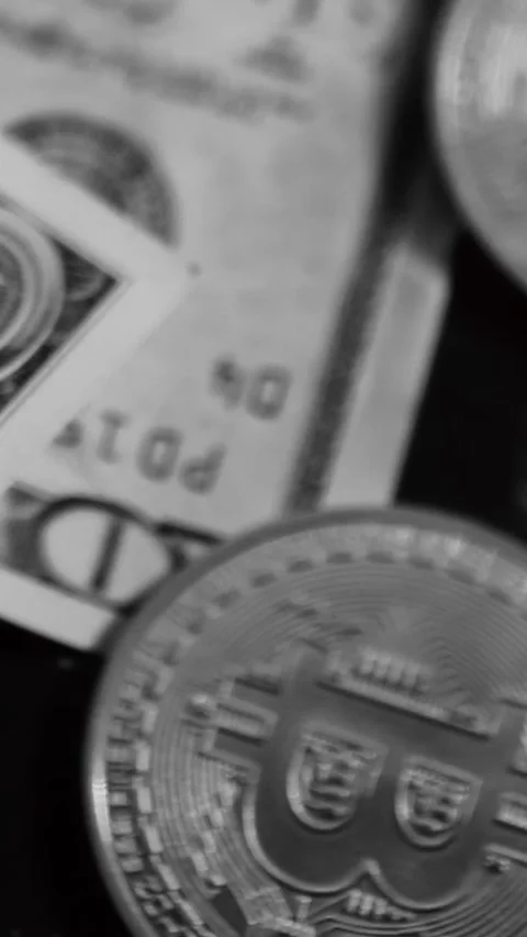 Bitcoin with dollars bills in wallet. Digital crypto coin. Investments, investor Vídeo Stock 329623990