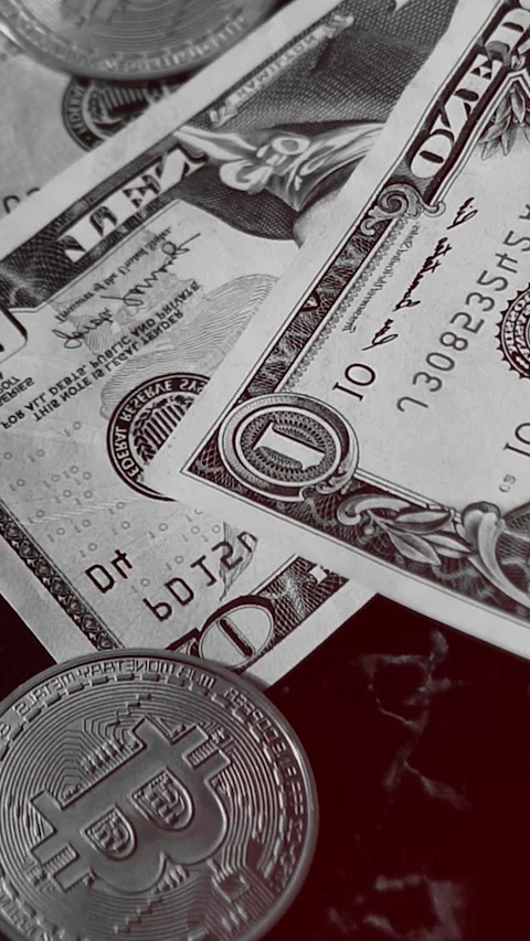 Bitcoin with dollars bills in wallet. Digital crypto coin. Investments, investor Видео 329623992