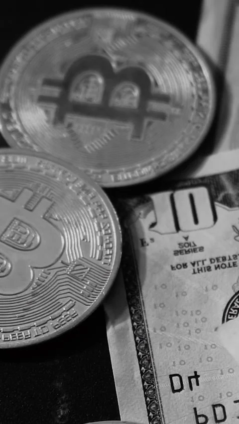 Bitcoin with dollars bills in wallet. Digital crypto coin. Investments, investor Stock Footage 329623993
